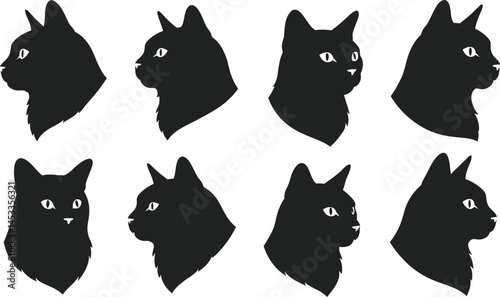 Silhouette collection of black cat heads in various profile and frontal views vector illustration 