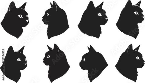 Black cat head silhouettes set with front and side views vector illustration for design and decoration 