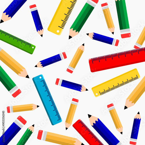 Ruler and pencil seamless pattern with various color. School and office stationery