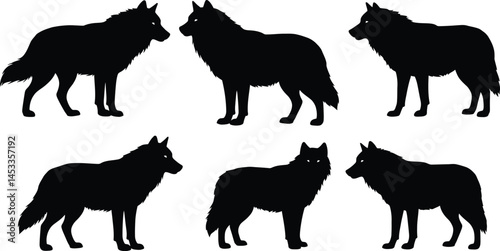 Wolf silhouettes in various poses vector illustration for wildlife and nature themes 