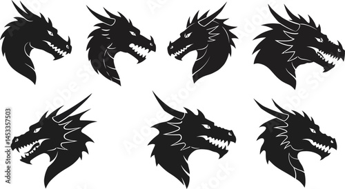 Dragon heads silhouette set with fierce expressions and spiky details in black vector illustration collection 