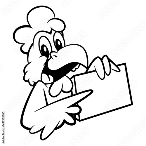 Funny rooster cartoon characters, pointing a signboard with its fingers. best for outline, logo, and coloring book with fast food restaurant themes