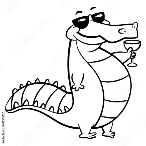 Funny Saltwater crocodiles cartoon characters drinking cocktails at the beach. Best for outline, logo, and coloring book with summer themes