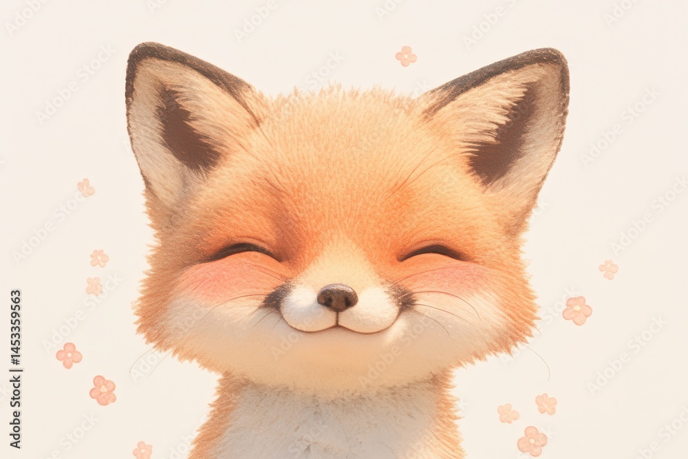 Obraz premium Cheerful cartoon fox smiling with eyes closed among tiny floral ornaments