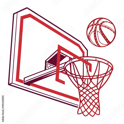 A basketball hoop with a ball shows the sport's equipment for a fun game with a net against a white background