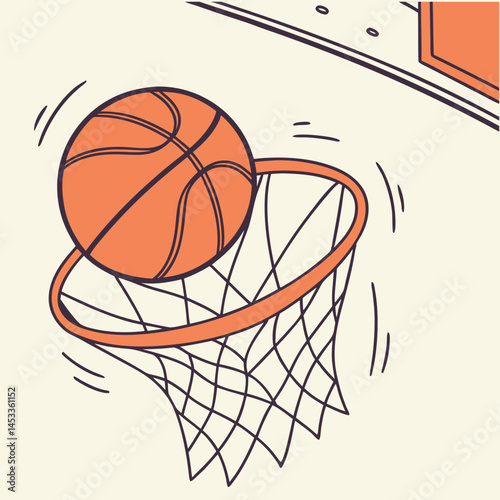 An orange basketball sphere is about to score a goal through the hoop's net in this isolated sport competition