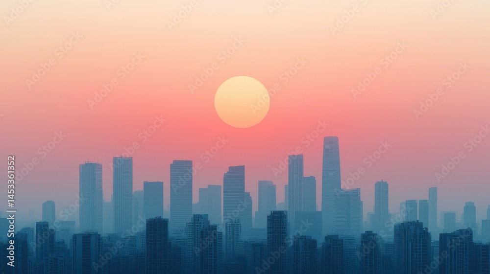 Urban Skyline Silhouette with Sun Setting Behind City Buildings Urban Skyline Silhouette with Sun Setting Behind City Buildings