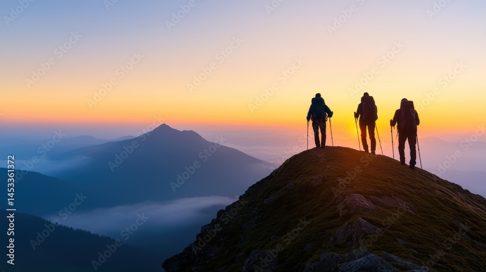 Hikers Silhouetted Against a Vibrant Sunset Over Majestic Mountains Hikers Silhouetted Against a Vibrant Sunset Over Majestic Mountains