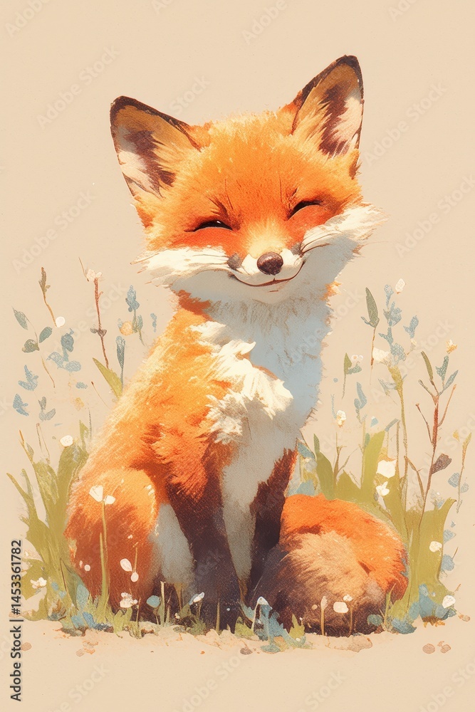 Obraz premium Cheerful fox sits happily in a field, with a soft, painterly texture