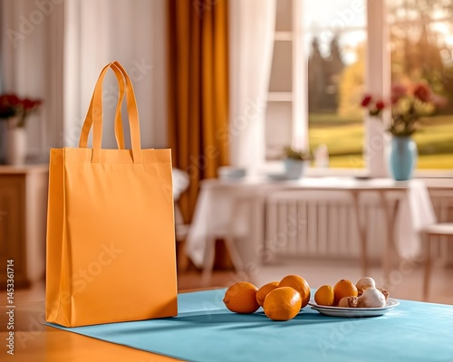 Orange tote bag sits on a teal table next to citrus fruits and garlic cloves on a white plate  A blurred background sho