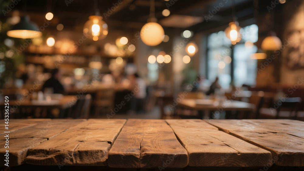 Wooden Table in Front of Bokeh Lights at a Modern Coffee Shop Wooden Table in Front of Bokeh Lights at a Modern Coffee Shop