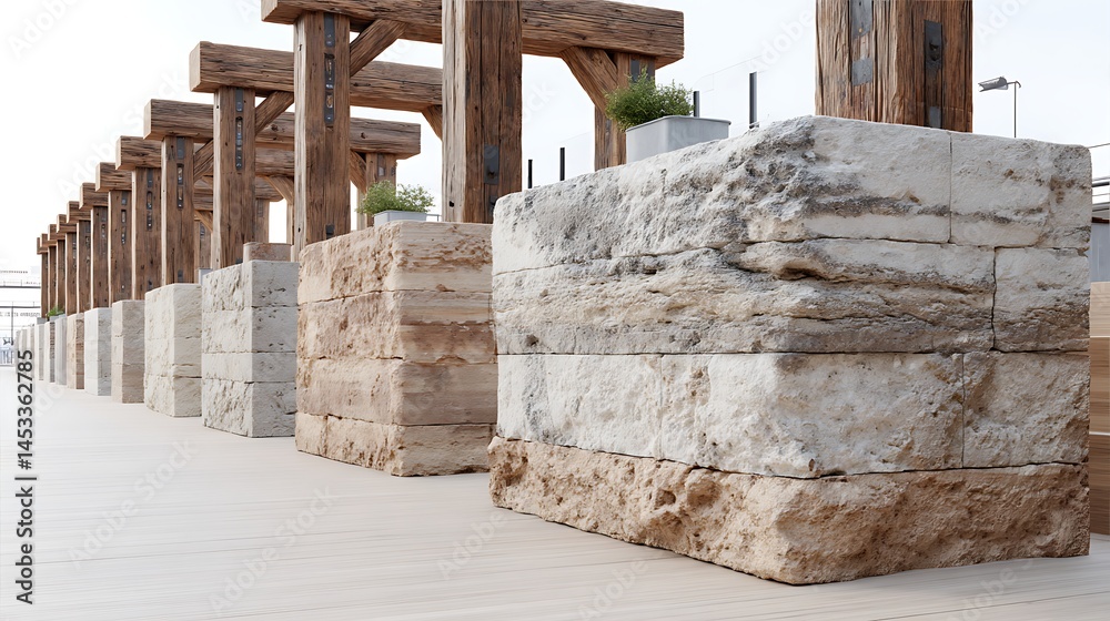 Fototapeta premium Modern Architectural Design Rustic Wood Pergola with Textured Stone Blocks and Wooden Deck