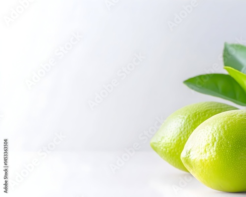 Two vibrant green limes with lush leaves against a bright white backdrop