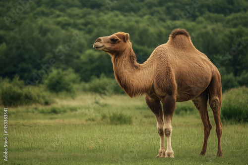 Camel Standing Still on Green Grassland with Forest Backdrop