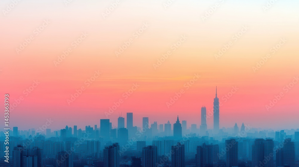 Vibrant City Skyline at Dusk with Gradient Sky and Soft Fog Vibrant City Skyline at Dusk with Gradient Sky and Soft Fog