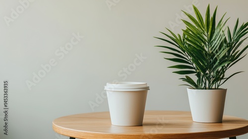 Minimalist Coffee Cup and Potted Plant on Wooden Table Surface