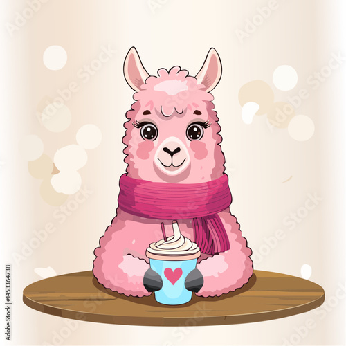  cute alpaca sitting at a small coffee shop table, holding a latte with heart art