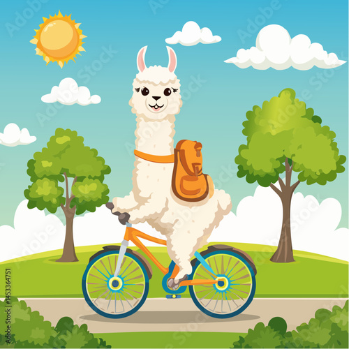 cartoon alpaca riding a vintage bicycle through a park, wearing a little backpack, sunny day