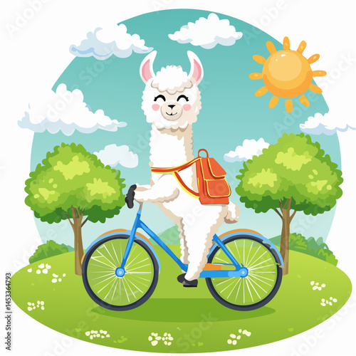 cartoon alpaca riding a vintage bicycle through a park, wearing a little backpack, sunny day