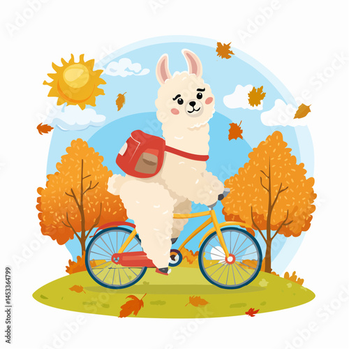 cartoon alpaca riding a vintage bicycle through a park, wearing a little backpack, sunny day