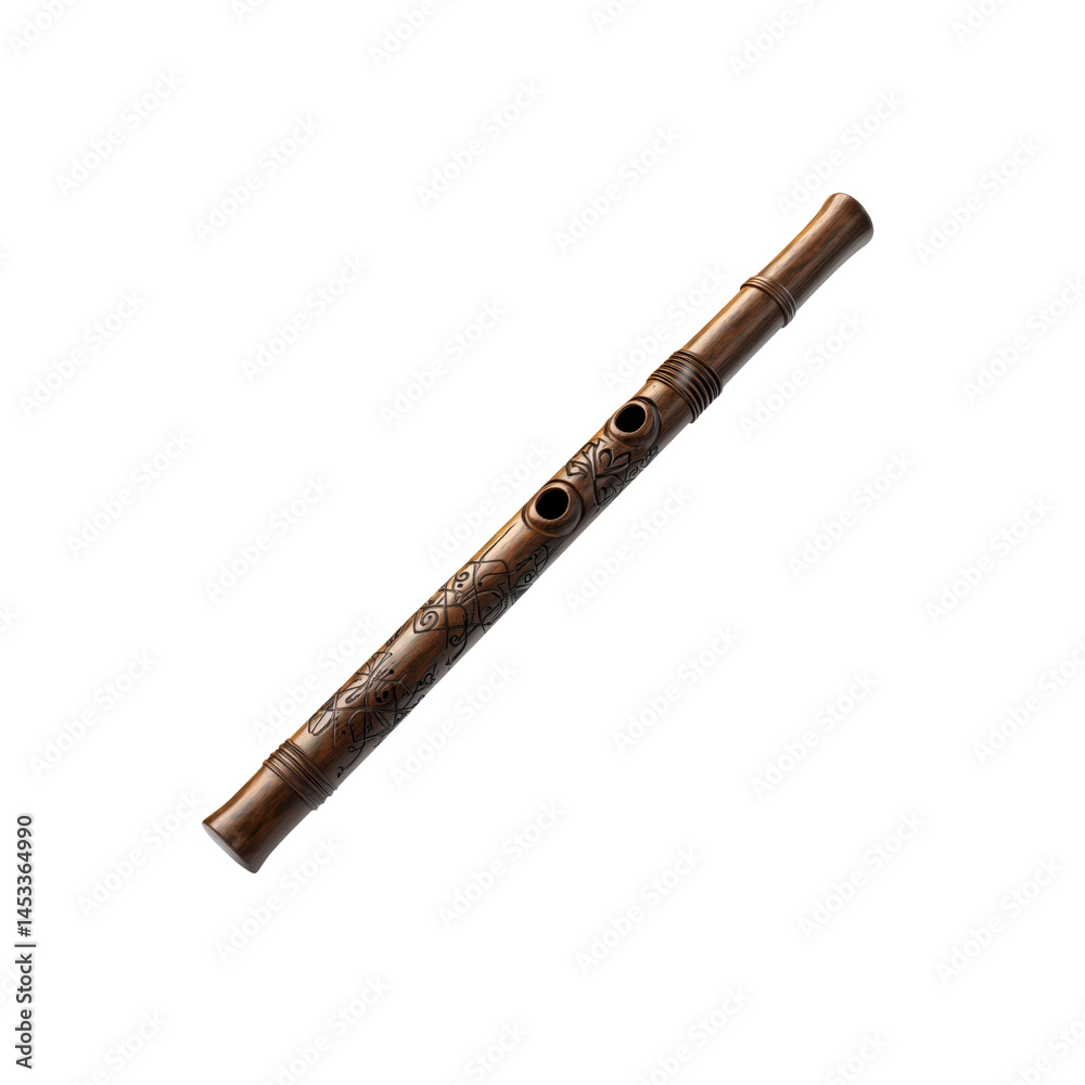 Ornate Wooden Flute, Traditional Musical Instrument Ornate Wooden Flute, Traditional Musical Instrument