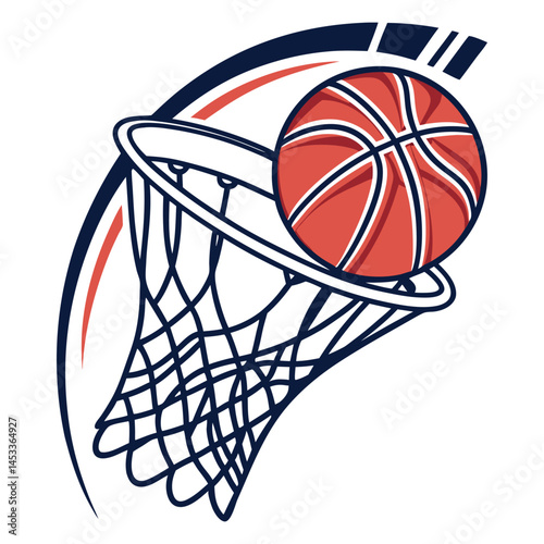 A blue basketball hoop with a ball suggests a fun sport game with a net for a shot to score