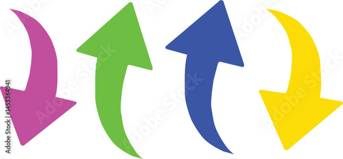  A collection of four unique curved arrows in vibrant colors. These arrows are perfect for a wide range of projects, representing movement, direction, and progress. 