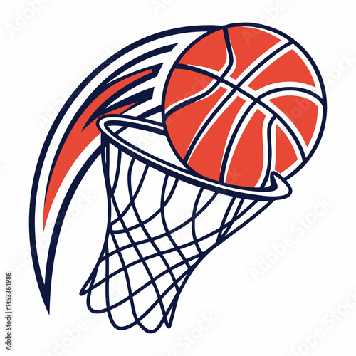 An orange basketball sphere flies toward the net of a sports hoop, ready for a play in the game