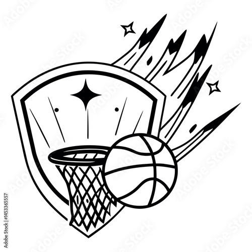 A chained basketball sphere, a symbol of the sport, hangs from the net, an iconic object of the game