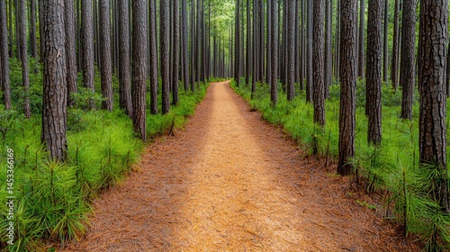 Peaceful Forest Pathway Surrounded by Tall Pine Trees and Greenery