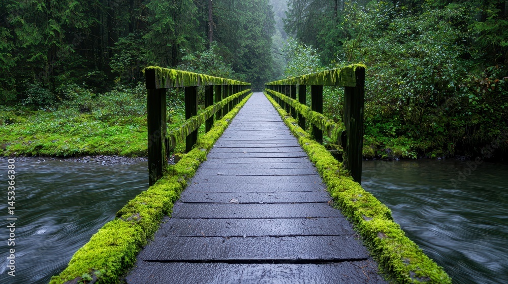 Obraz premium Serene Wooden Bridge Surrounded by Lush Green Forest and Water