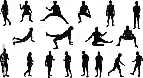 Human silhouettes in various active poses and standing positions vector illustration for dynamic design and creative projects 