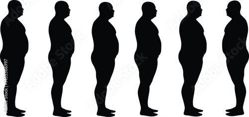 Male body transformation silhouette progression from overweight to fit and healthy vector illustration 