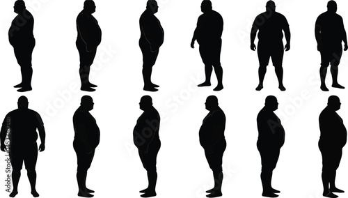 Overweight male silhouettes in various standing poses vector illustration for health and lifestyle awareness 