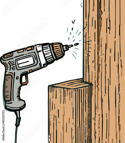 Cordless Drill Screwing into Wood Post - DIY Home Improvement Illustration