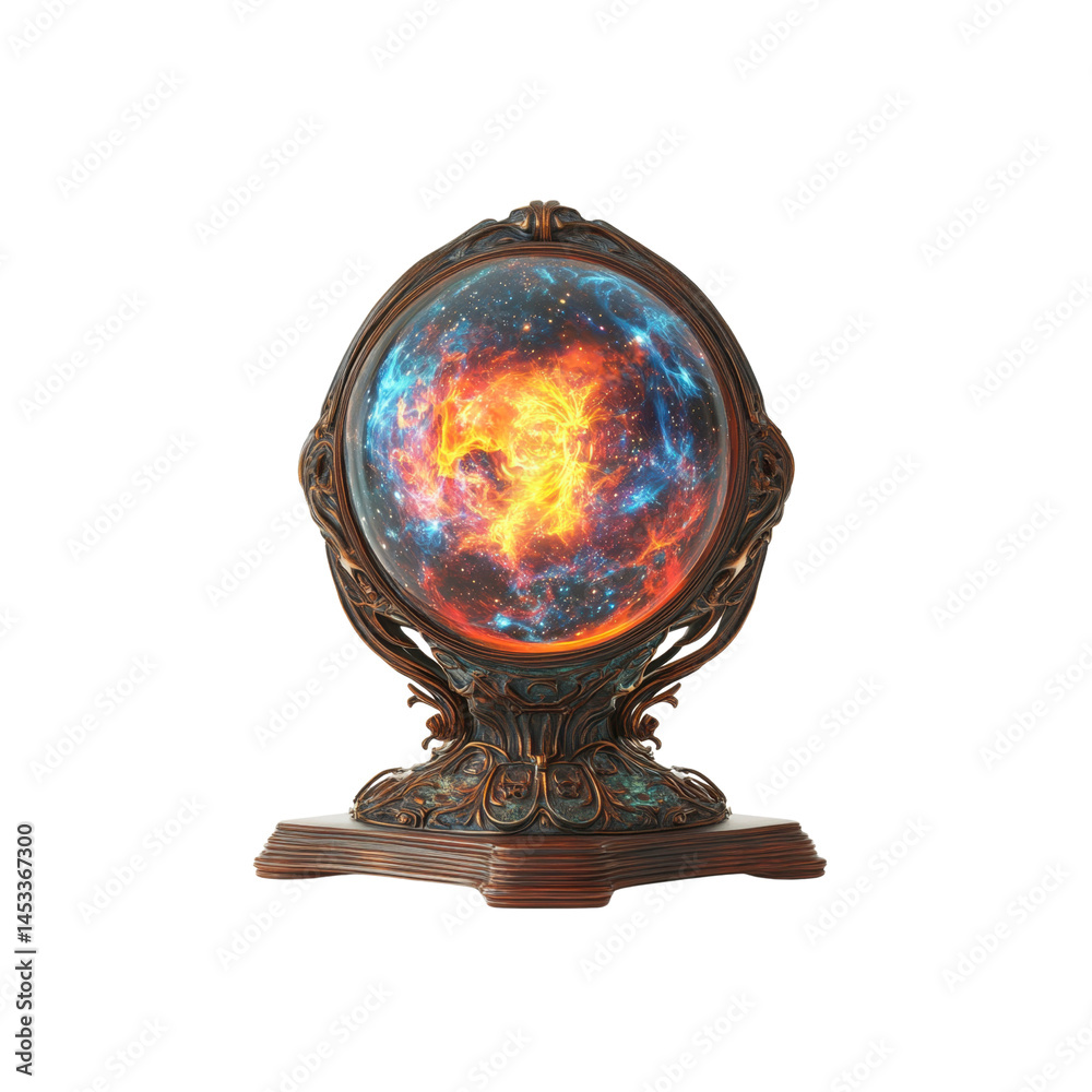 Mystical Ornate Crystal Ball with Fiery Nebula Image Mystical Ornate Crystal Ball with Fiery Nebula Image