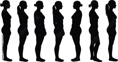 Female silhouette body shapes profile vector illustration showing various woman side views in black 