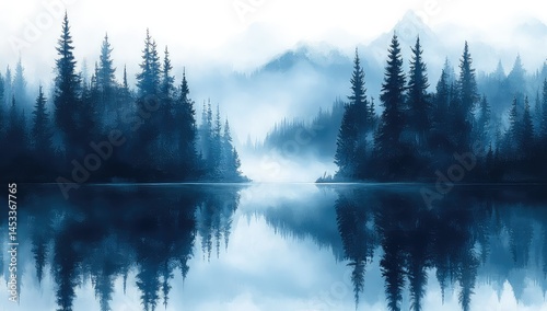 Misty Lake with Mountains, and Forest Reflection.