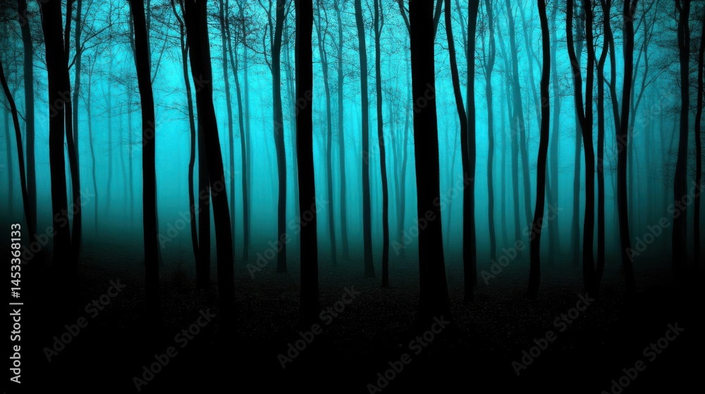 Obraz premium Dark Forest, Explore Serene Trees in Misty Blue Green Ambience, Mysterious Scenery