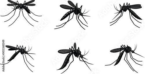 Mosquito silhouettes in various flying and resting positions vector illustration set 