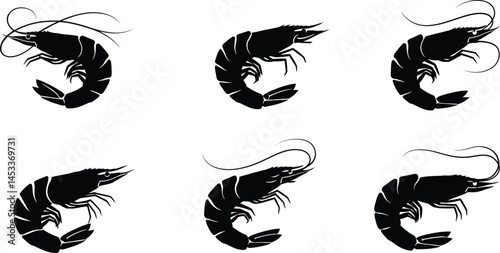 Black shrimps vector illustration set with detailed outlines and antennae in various poses on white background 