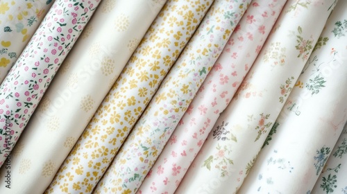 Close-up of rolled floral fabrics with a soft, pastel, vintage aesthet