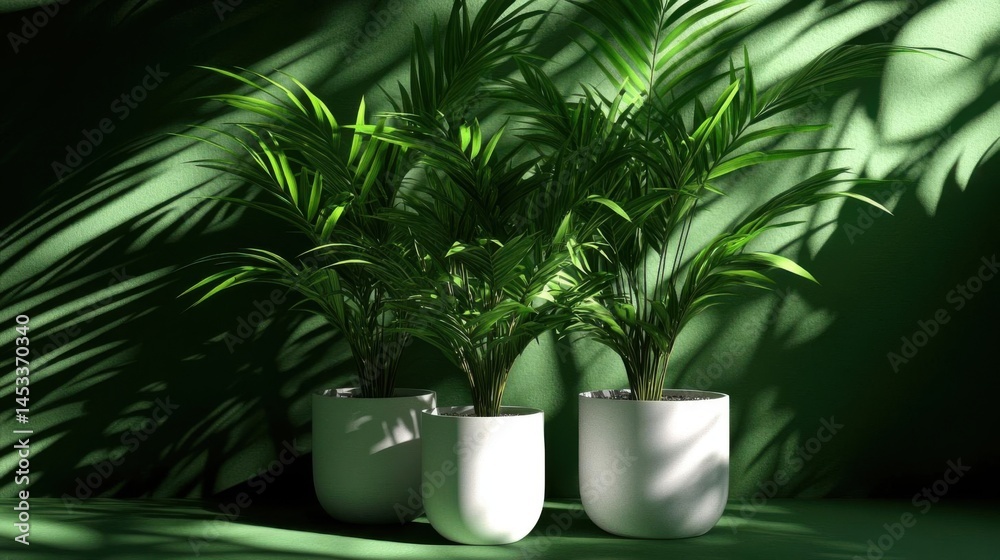 Fototapeta premium Palm Plants in Pots Create a Lush and Tranquil Indoor Oasis with Shadow Play
