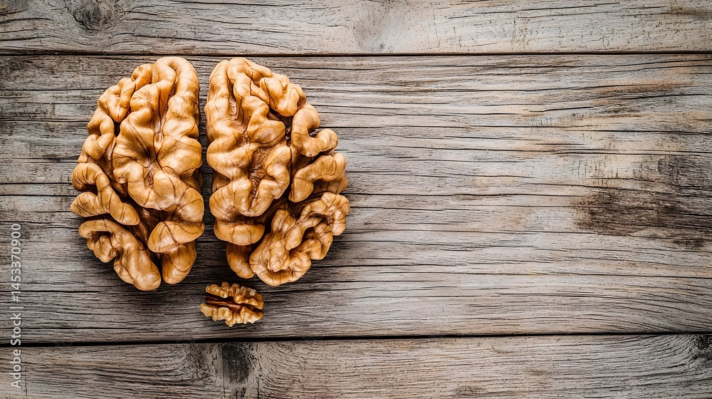 Walnut Halves Resembling Brain on Rustic Wooden Background Health Food Concept Walnut Halves Resembling Brain on Rustic Wooden Background Health Food Concept