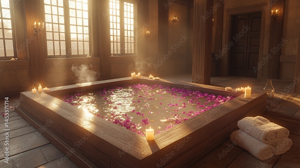 Fototapeta premium Luxurious bathroom with a wooden hot tub surrounded by candles and rose petals.