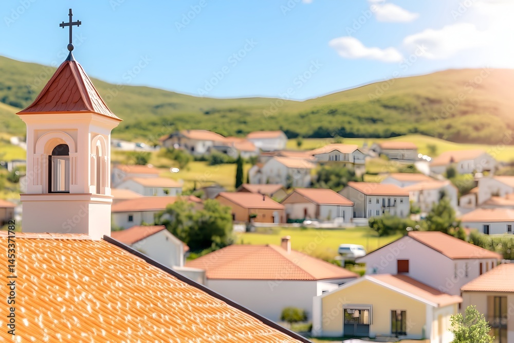 Naklejka premium Church steeple orange roof against backdrop of village houses nestled in rolling green hills under a sunny sky
