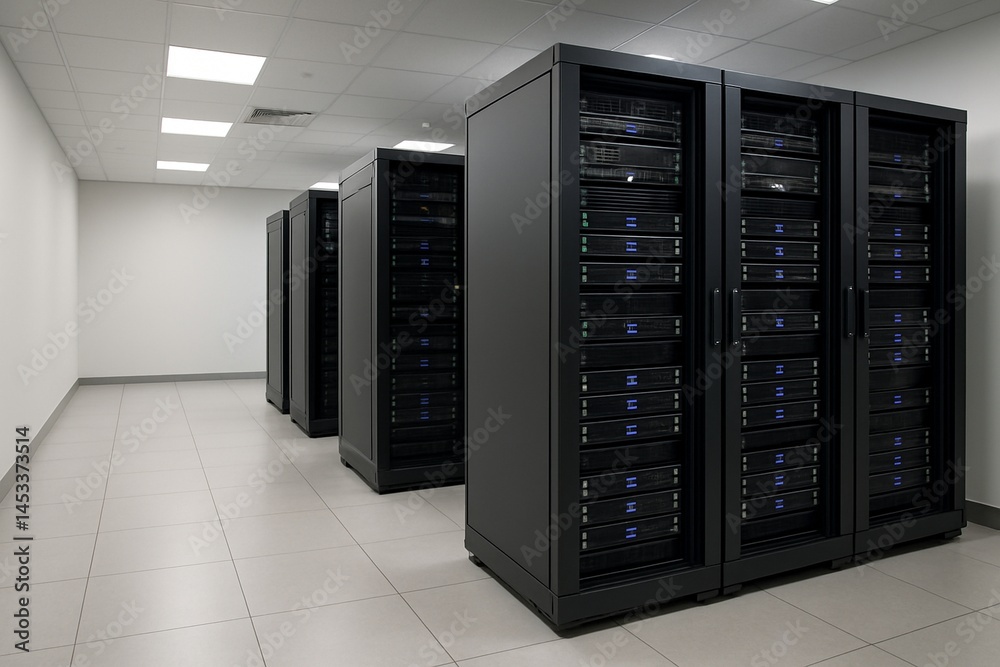 A modern data center room with multiple server racks neatly organized in a clean, secure environment. A modern data center room with multiple server racks neatly organized in a clean, secure environment.