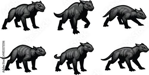 Stylized black Tasmanian tiger thylacine animal poses in vector illustration set for wildlife designs 