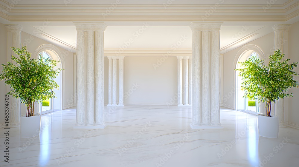 Fototapeta premium Sunlit, grand hall with marble floors, white columns, arched windows, and potted plants