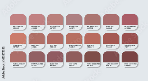 Neutral red Color Guide Palette with color Names. Catalog Samples of Neutral red RGB HEX codes and Names. Neutral red bricks Color Palette, Fashion Trend Pantone Neutral paint red Color Palette